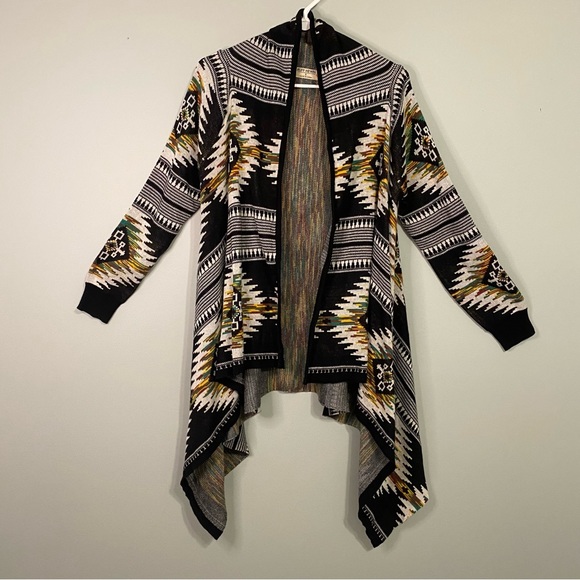 Ruff Hewn Sweaters - Ruff Hewn Aztec Draped Cardigan, Black/Ivory/Multi, Size Small